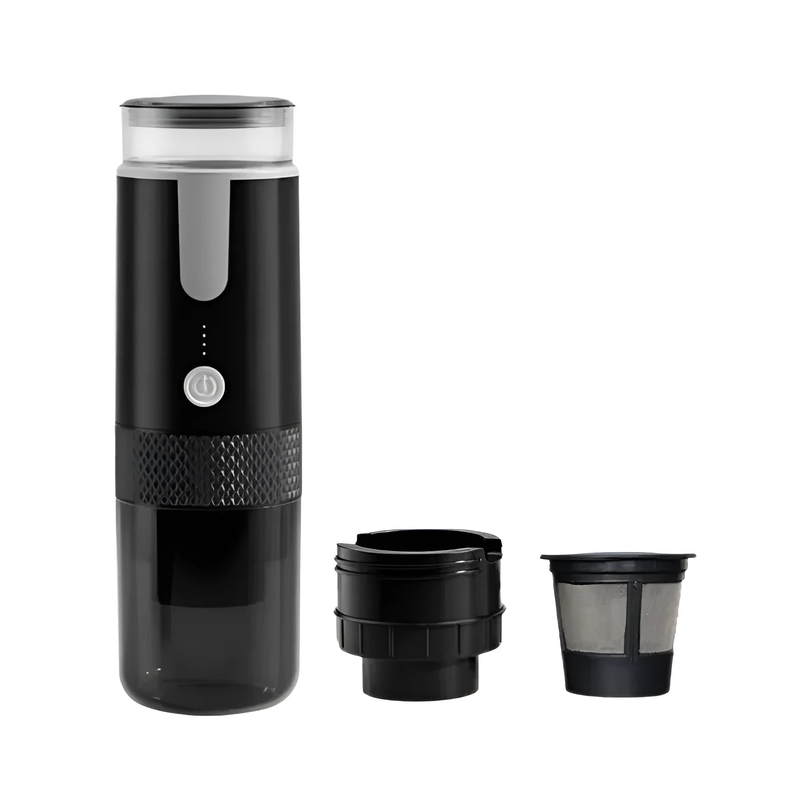 Black portable wireless coffee machine for K-Cup pods, shown next to a car cup holder