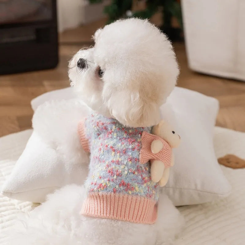 Blue autumn winter pet sweater with three-dimensional bear floral yarn pullover design for small medium dogs and cats