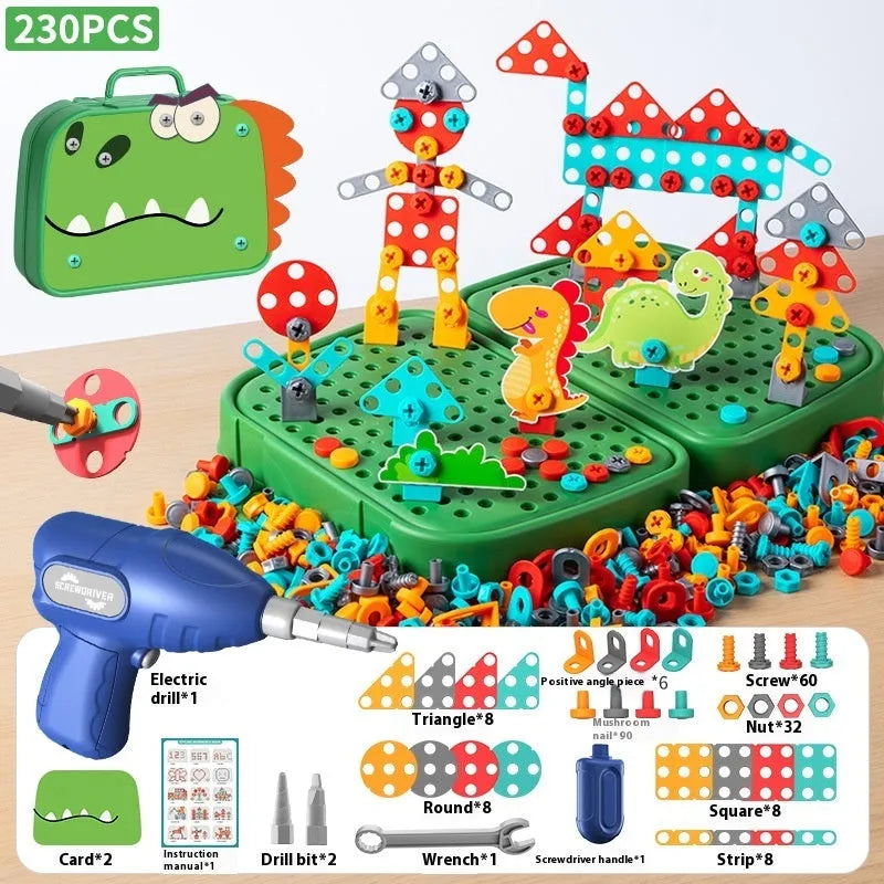 Children's screw puzzle toy with electric drill and plastic screws in a colour box, Big Dinosaur theme