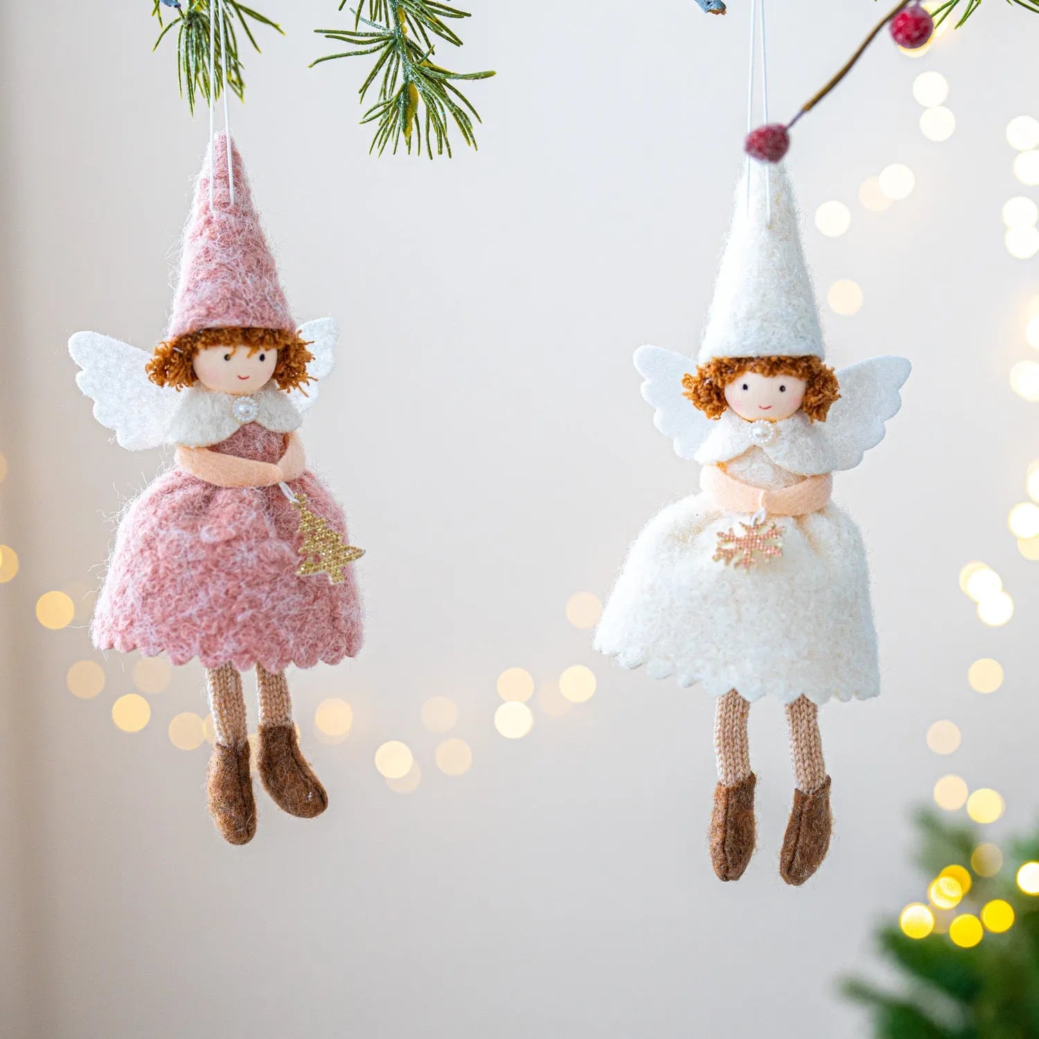 White cloth angel skirt felt pendant ornament with plush construction and hanging loop
