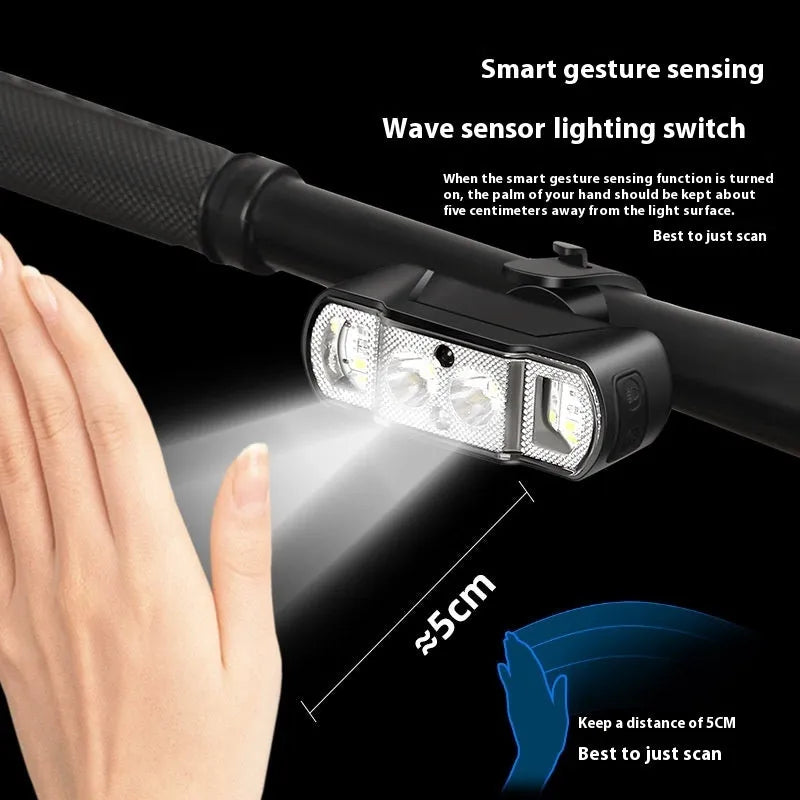 Black USB rechargeable bicycle headlight with wave induction sensor on a bike handlebar