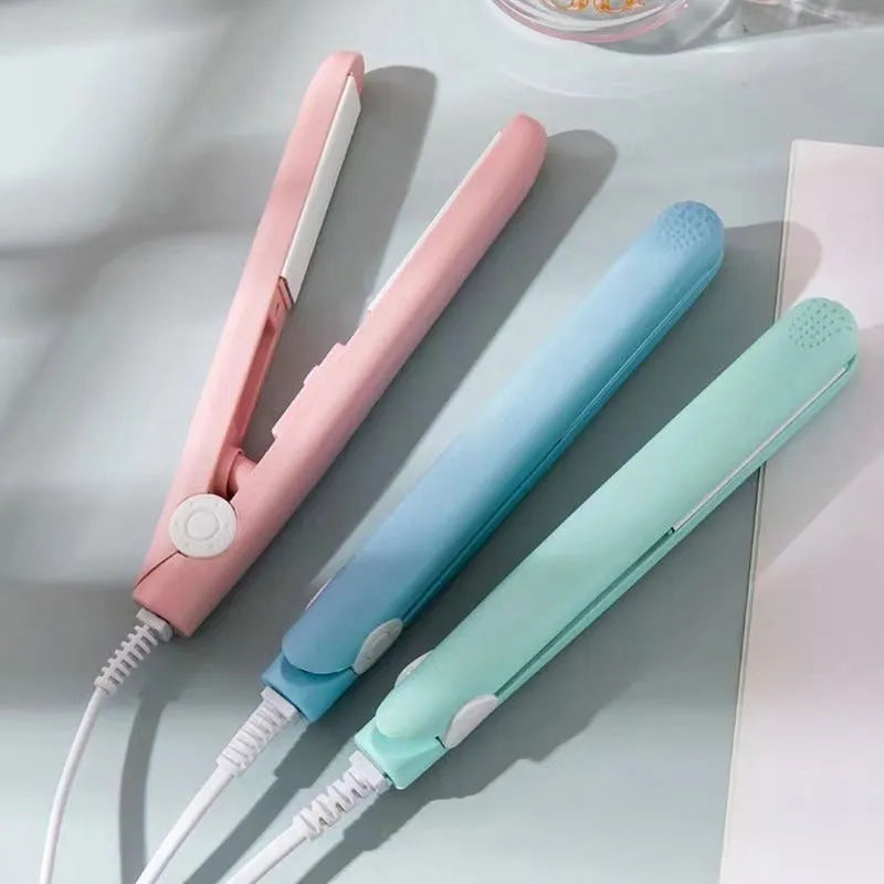 Mini hairdressing splint hair straightener for air bangs in blue, pink, white, purple, or yellow with storage box.
