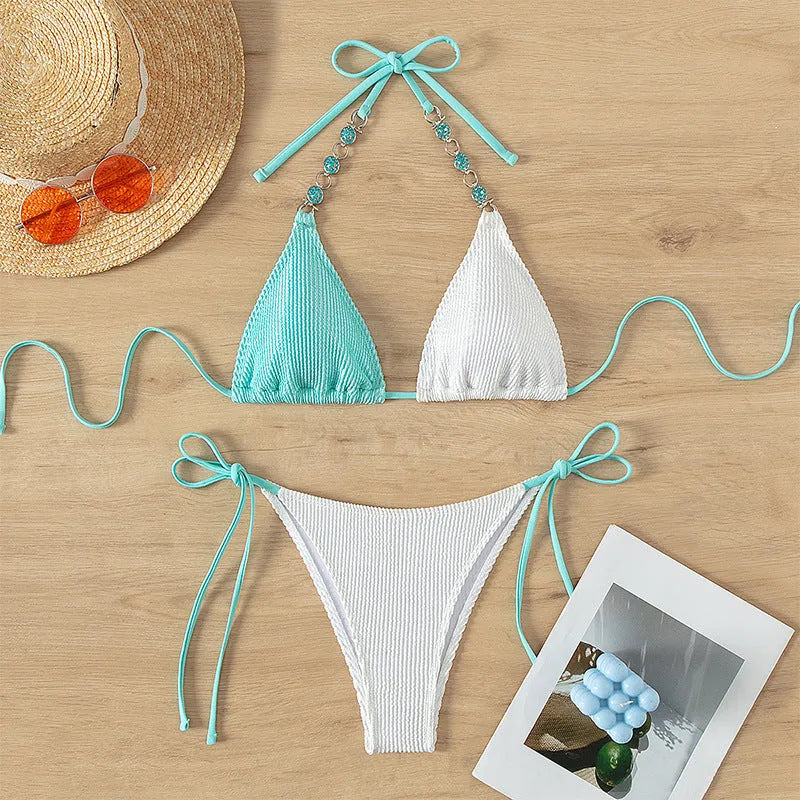 Women's colour-matching two-piece swimsuit with lace-up detail and pearl chain accents