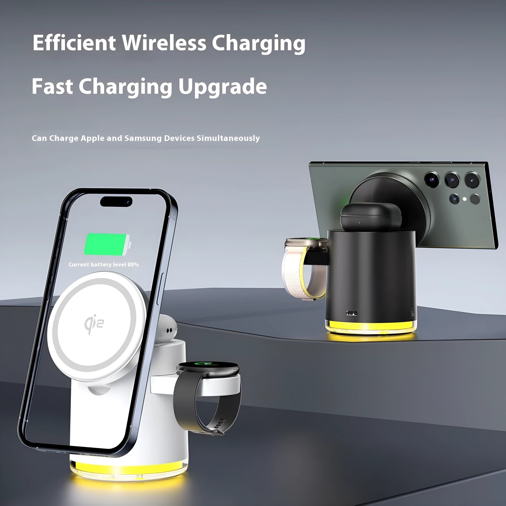 C16 portable magnetic three-in-one wireless folding charger in black and ivory white colours showing folded and open positions