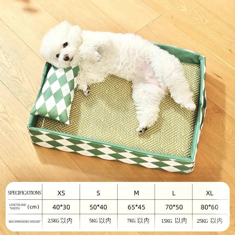 Blue rattan cat litter mat and bed next to a litter tray, shown in a size L.