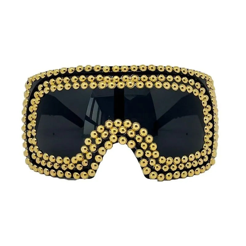 Men's large square frame punk sunglasses in silver and gold colours with rivet details