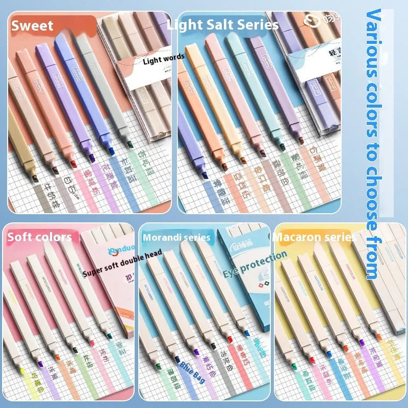 Set of double-ended fluorescent marker pens showing fine fibre tip and broad chisel tip ends