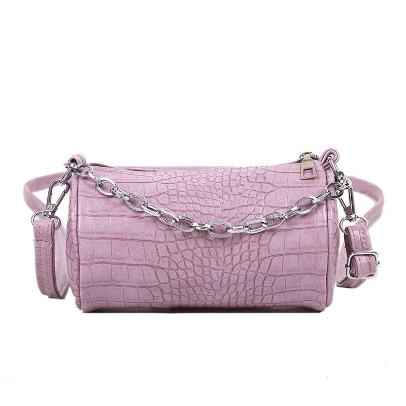 One shoulder cylinder messenger bag in beige PU leather with embossed crocodile pattern and zipper closure