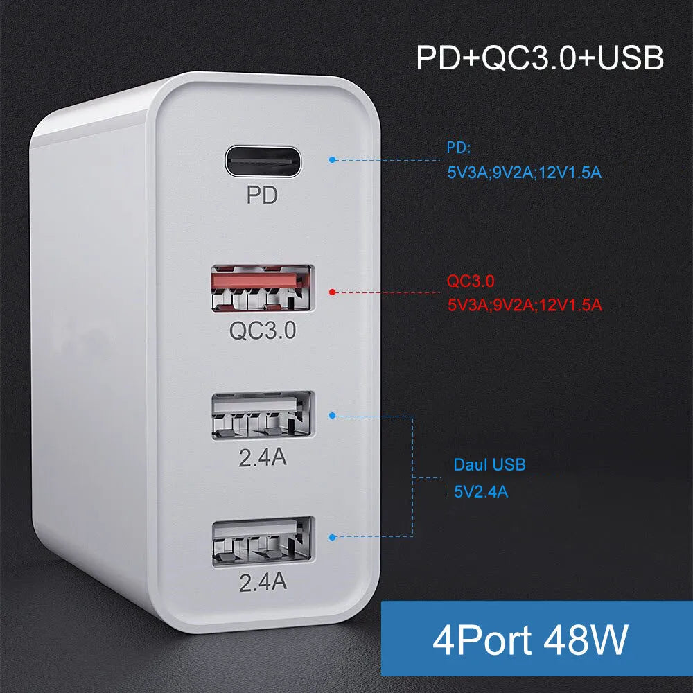 White or black fast charge charger with multiple USB ports and international plug options