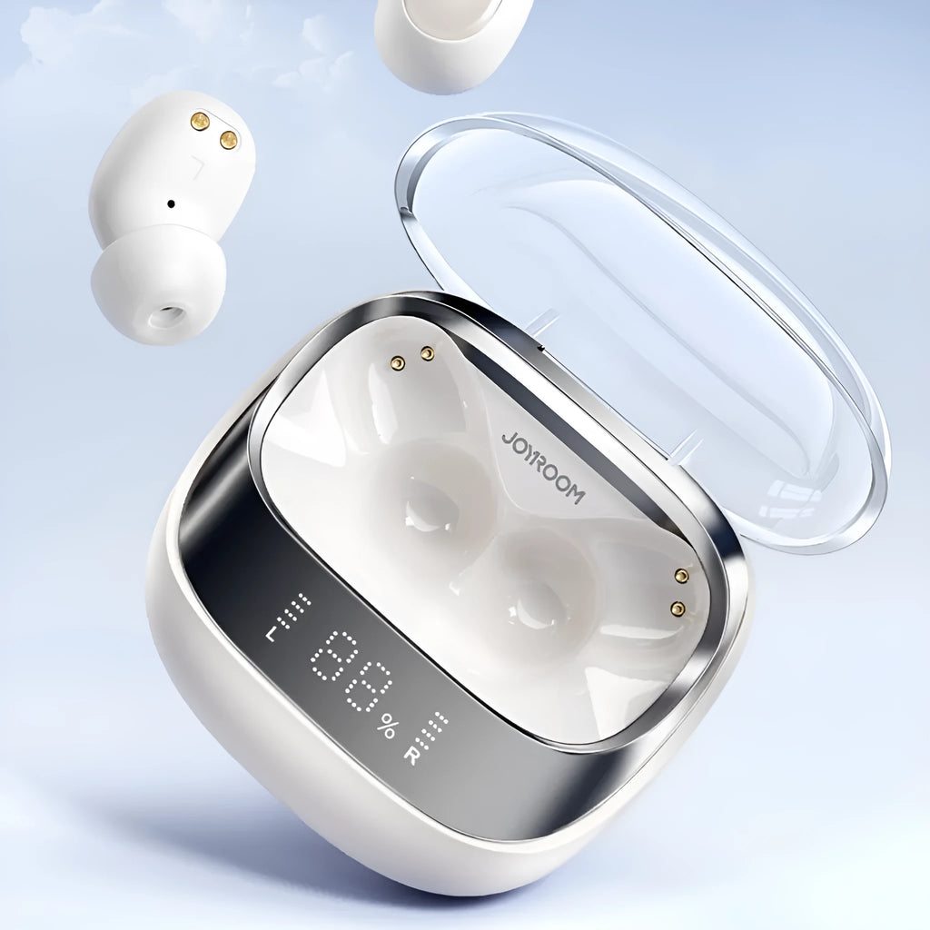 Wireless Bluetooth in-ear headphones with a compact white charging case on a table.