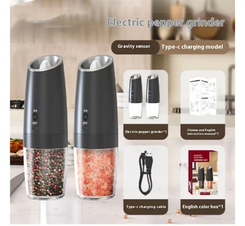 Electric gravity pepper grinder with clear acrylic body and blue LED light on a kitchen countertop