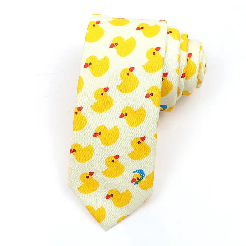 Narrow Korean-style cotton bow tie with a printed cartoon pattern.
