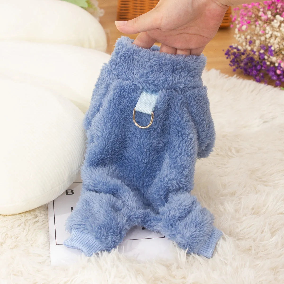 Khaki four-legged dog clothes with high collar and towing ring made of double-sided plush fabric