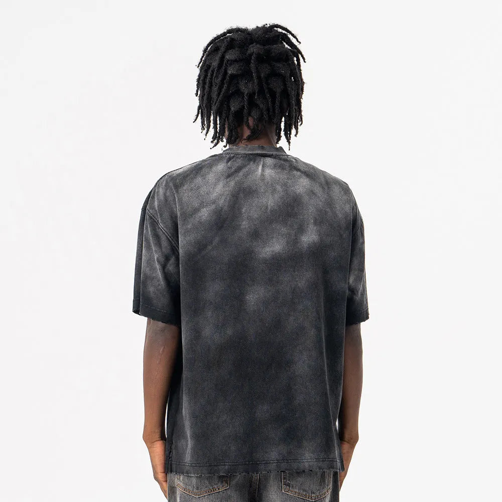 Men's black cotton T-shirt with white printed letters pattern and drop-shoulder sleeves