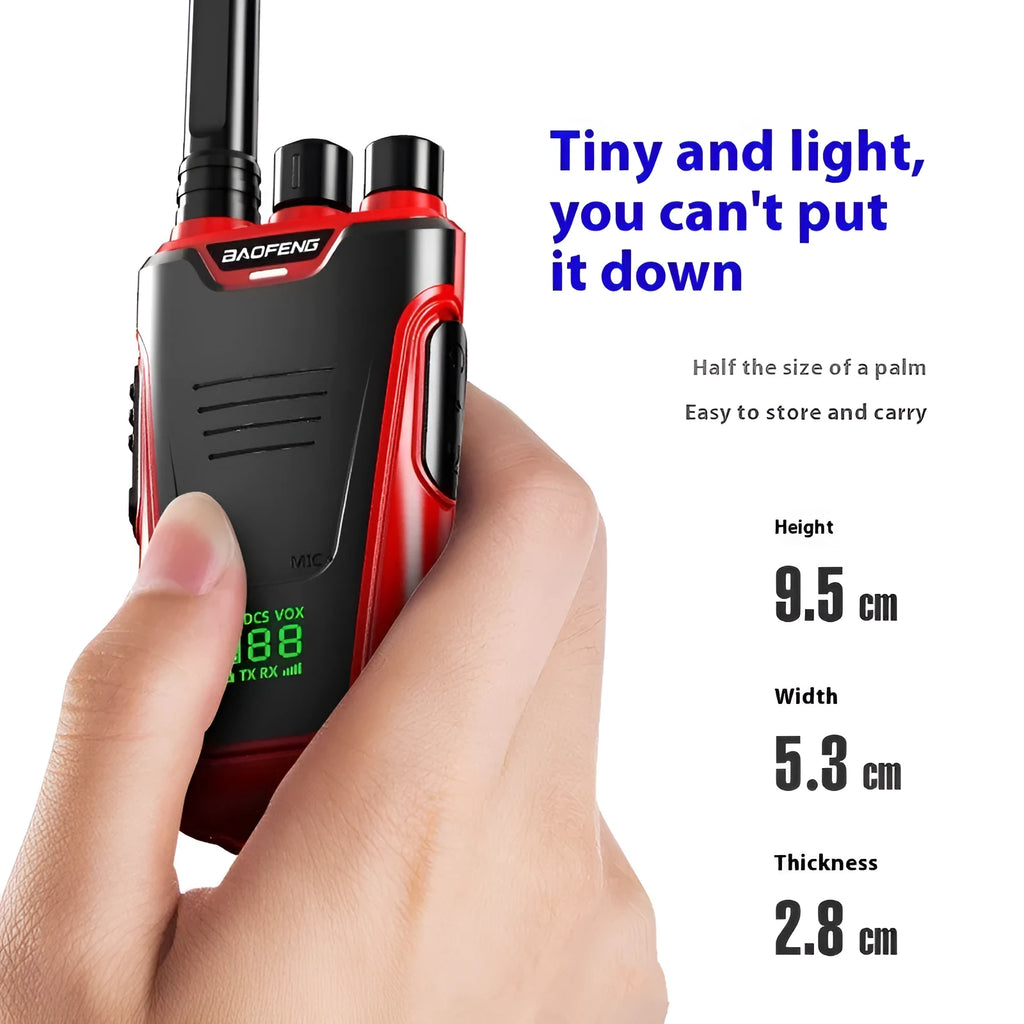Red and yellow high-power portable intercom showing compact size and display.