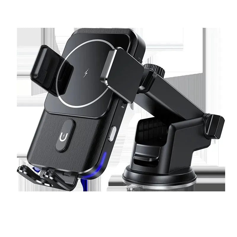 Black car wireless phone charger holder with 15W charging pad shown with clip and suction cup bracket options.