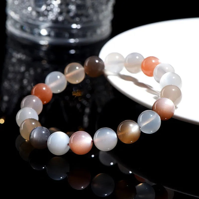 Natural moonstone bracelet with colourful moon light beads, 8mm single circle unisex design