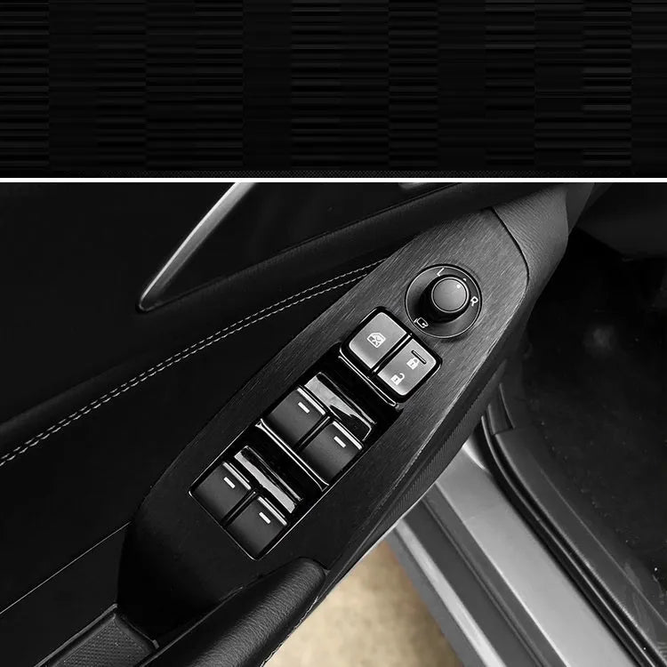Car interior decorative film sticker kit showing carbon fibre pattern applied to centre console and dashboard