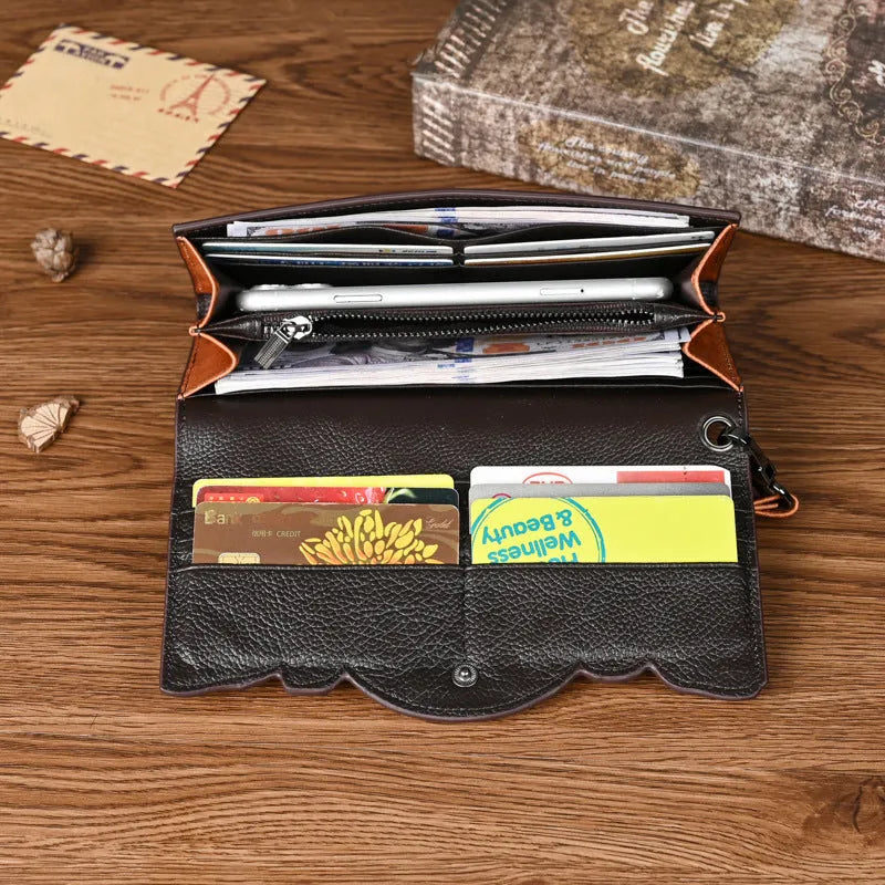 Women's Chinese-style embossed leather tri-fold wallet in retro brown with floral pattern detailing