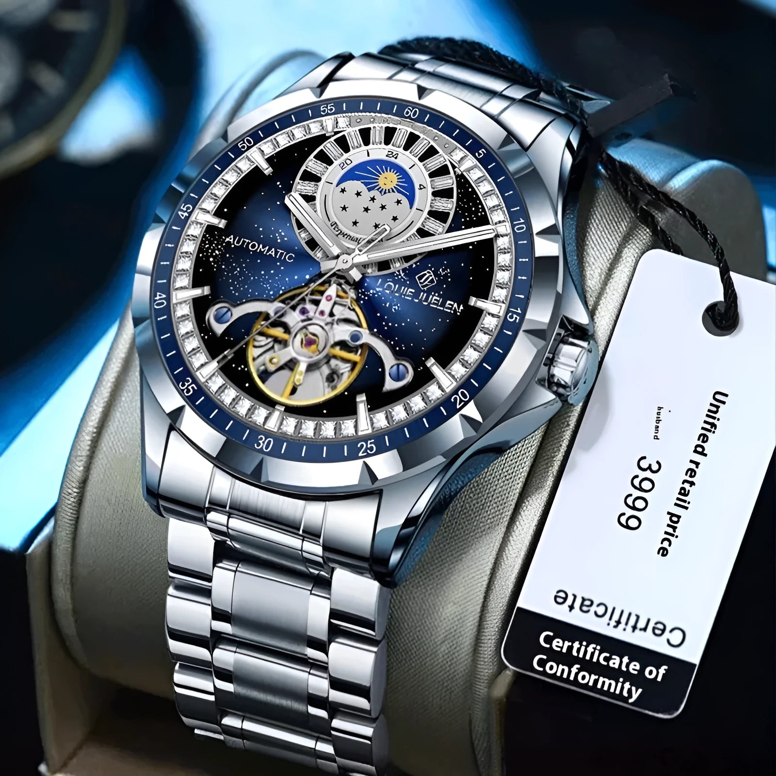 Men's waterproof automatic mechanical watch with silver case, blue dial and stainless steel strap