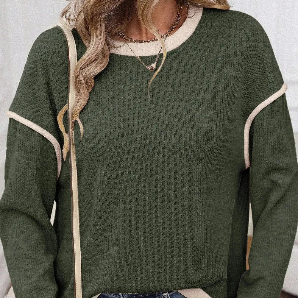 Four leaf clover contrast trim drop shoulder loose knit top in polyester elastane fabric