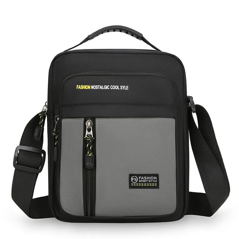 Men's casual nylon crossbody messenger bag in green, shown with visible stitching detail.
