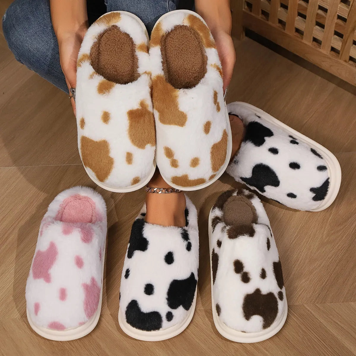 Cow spotted plush slippers with non-slip sole, available in black brown coffee pink for women and men