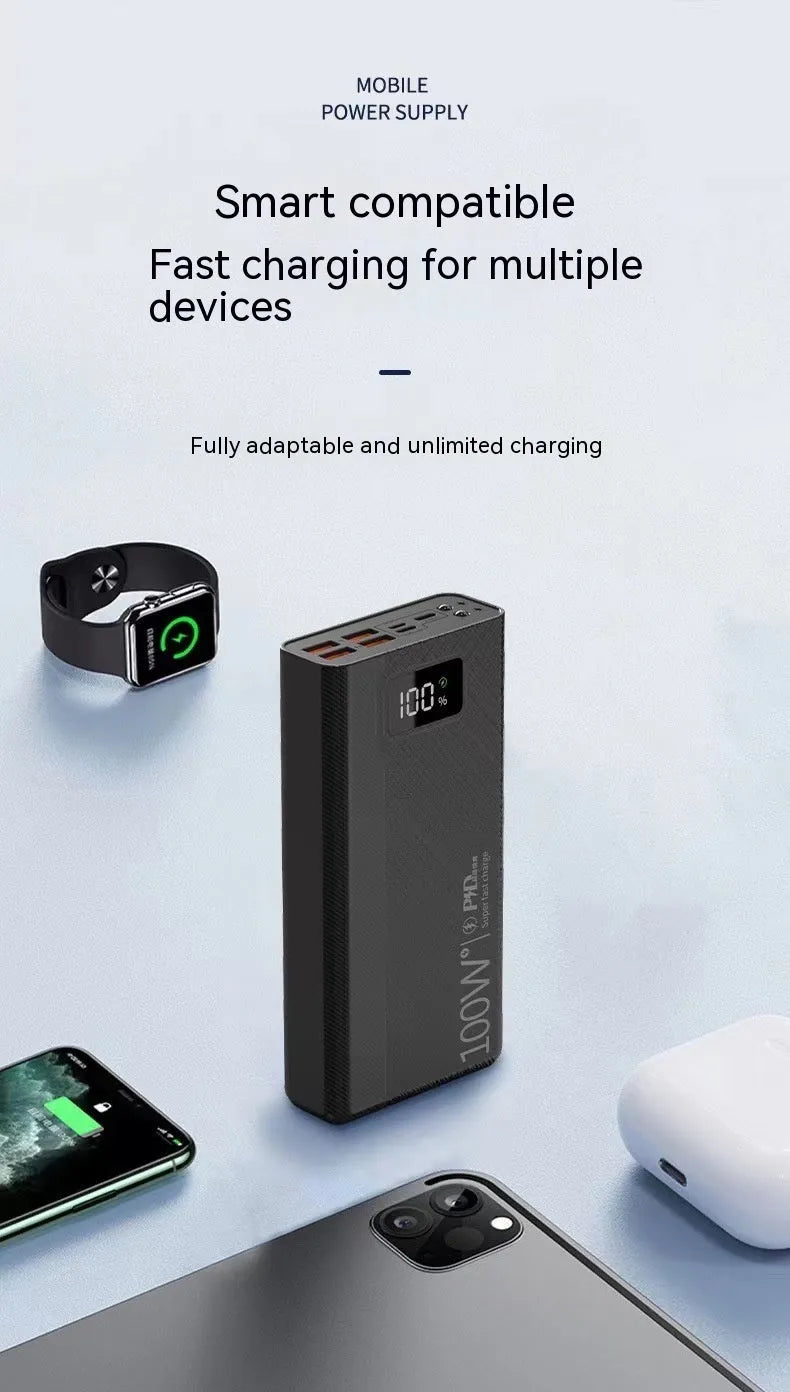 Large black and white plastic power bank showing size comparison and capacity options from 20000mAh to 50000mAh.