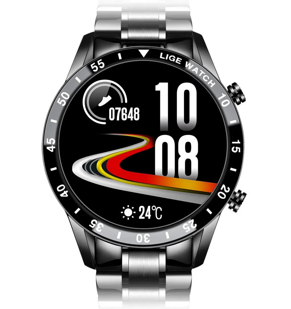 Smart watch with stainless steel band and 1.3-inch touchscreen display showing step count interface