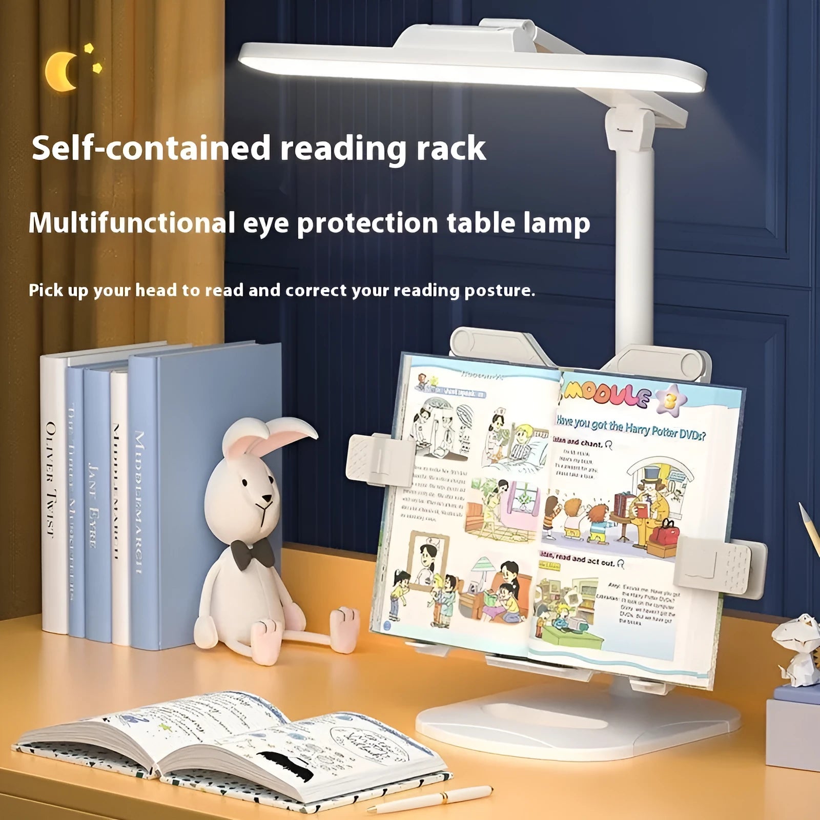 Adjustable reading table lamp with three-speed colour temperature control and USB charging capability