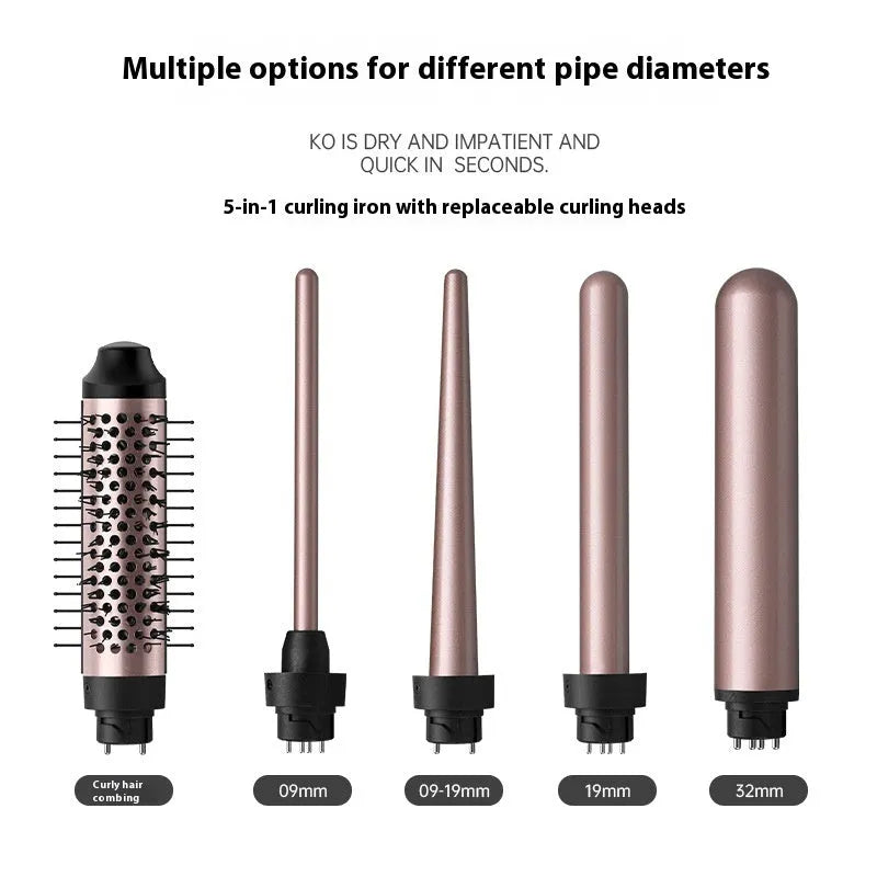Automatic large wave hair curler appliance in rose gold or black with three headband attachments.