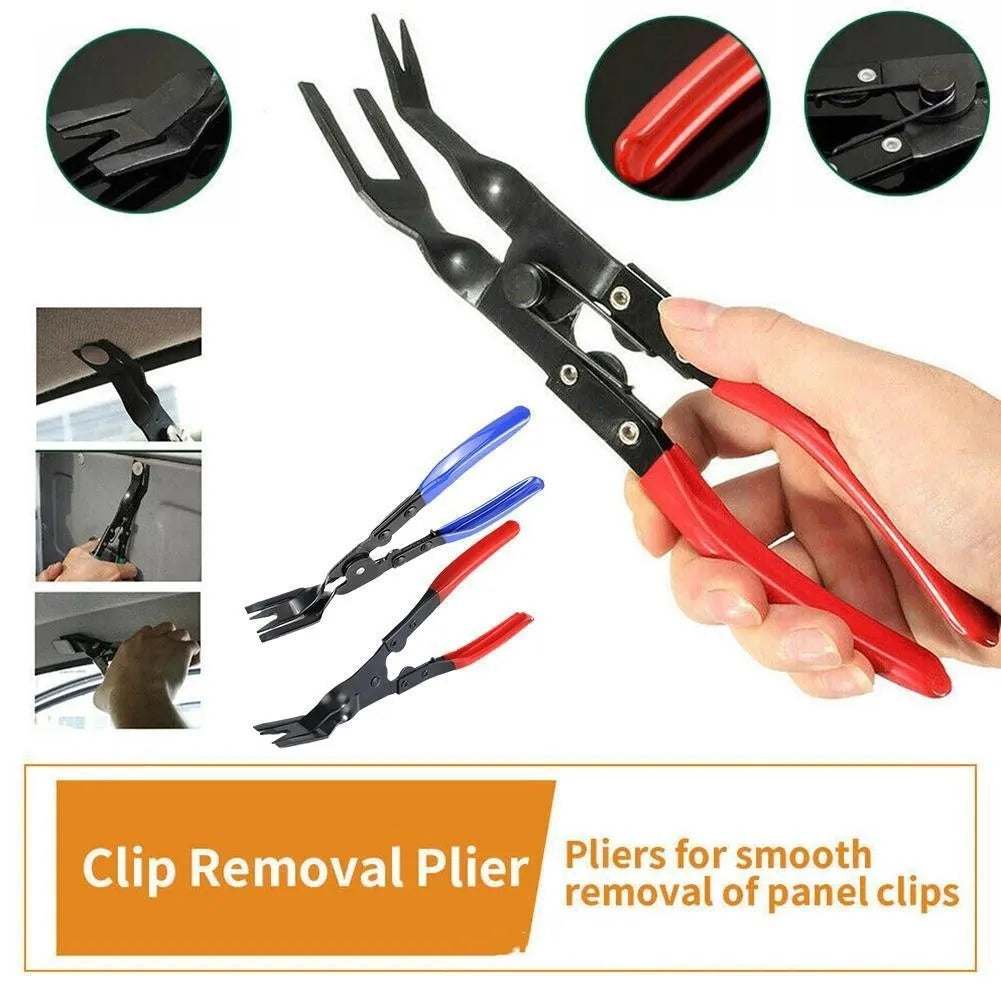 Blue steel car interior clip removal pliers tool showing 235mm length