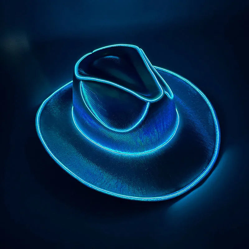 LED wireless fluorescent cowboy flashing hat in green, front view, EVA and EL wire construction, average size