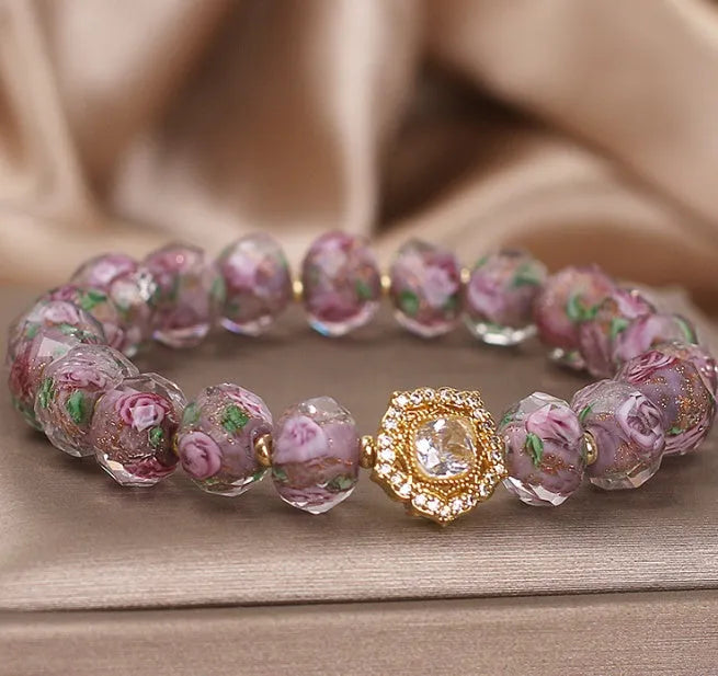 Purple electroplated glass and coloured glaze bracelet for women, original design