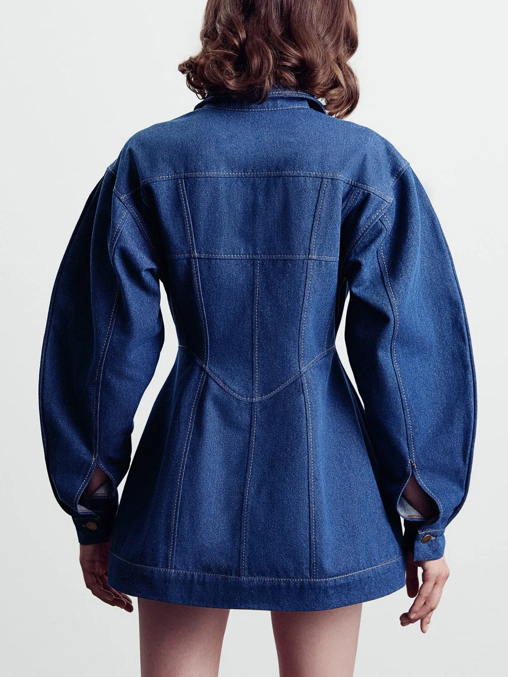 Blue denim corset style shirt dress with patchwork design and statement buttons