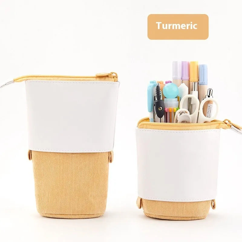 Purple PU corduroy drop-down telescopic stationery case in Korean style, open to show interior.