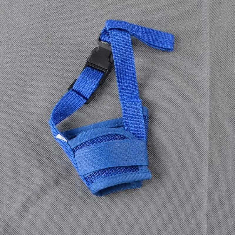 A plastic adjustable dog muzzle shown in multiple colours including black, blue, and pink.