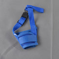 A plastic adjustable dog muzzle shown in multiple colours including black, blue, and pink.