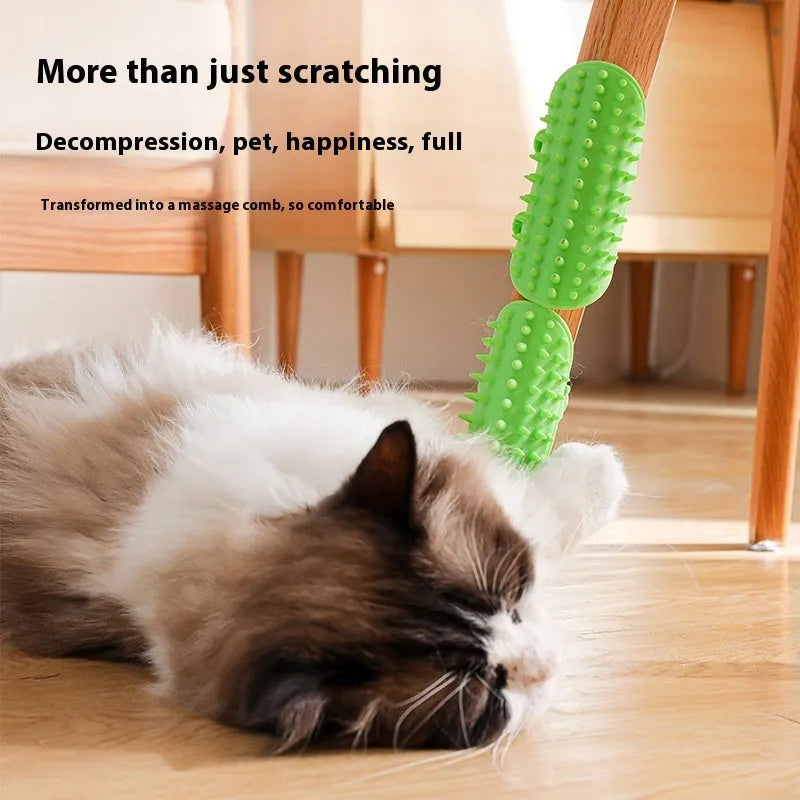 Silicone cat grooming and scratching brush with adjustable strap wrapped around a table leg.