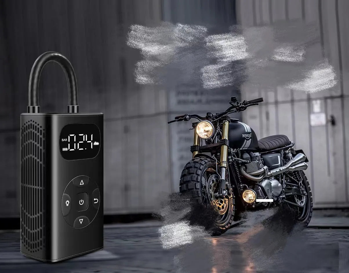 Black aviation aluminium portable power bank tyre inflator with digital display and hose for cars and bikes.