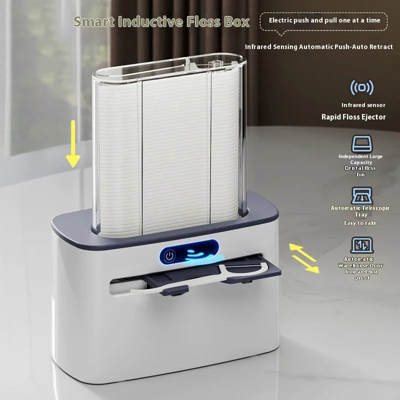 Dark grey automatic electric dental floss box with intelligent induction sensor on a bathroom countertop.