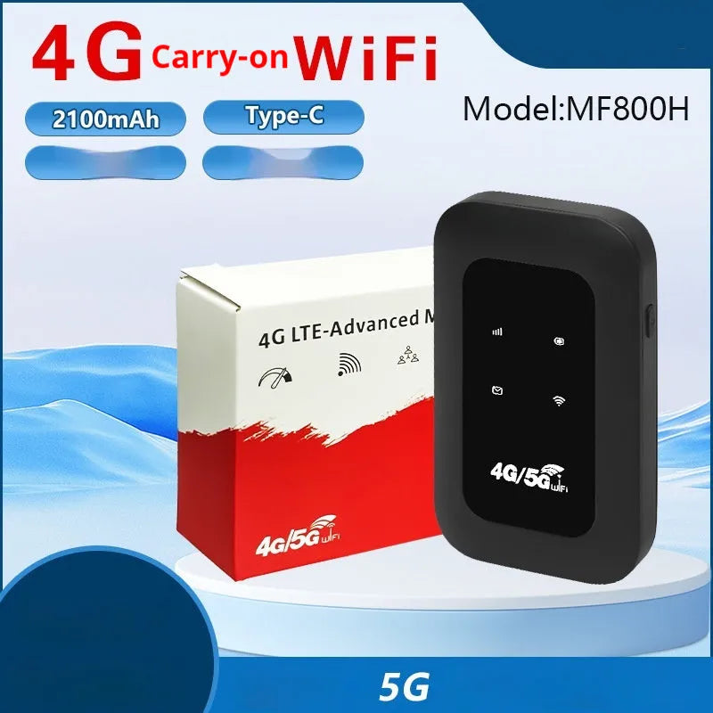 Portable 4G WiFi router with SIM slot, 11x7.5x2.8 cm, black casing, data cable included