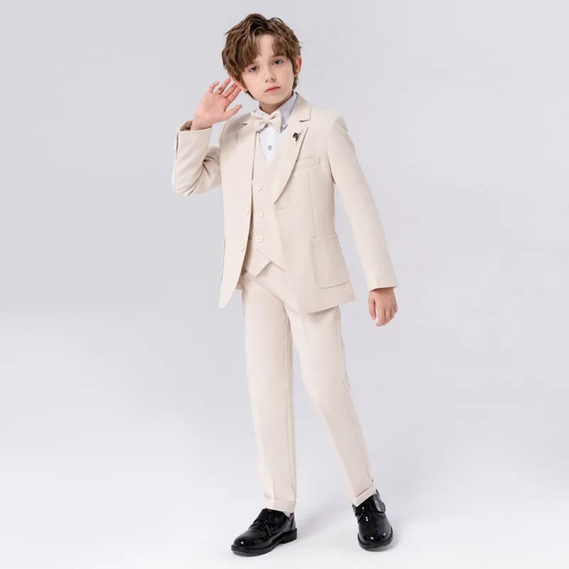 Boys British solid colour suit dress set with single-breasted jacket, long sleeves, vest, bow tie, and brooch in beige blue or gray