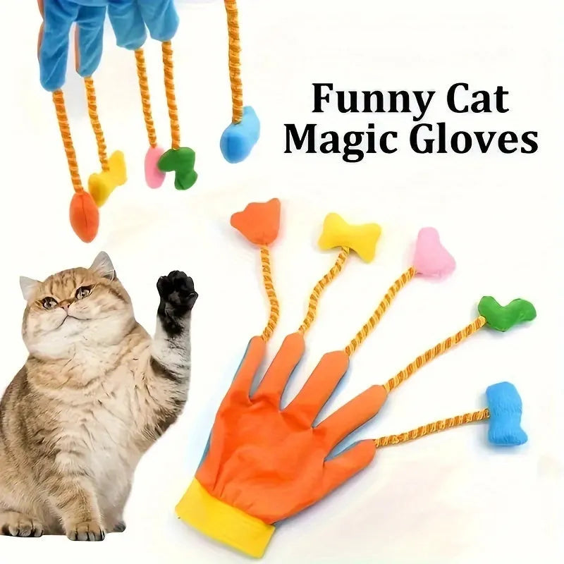 Yellow and blue interactive cat toy glove with bell and trailer measuring 40cm