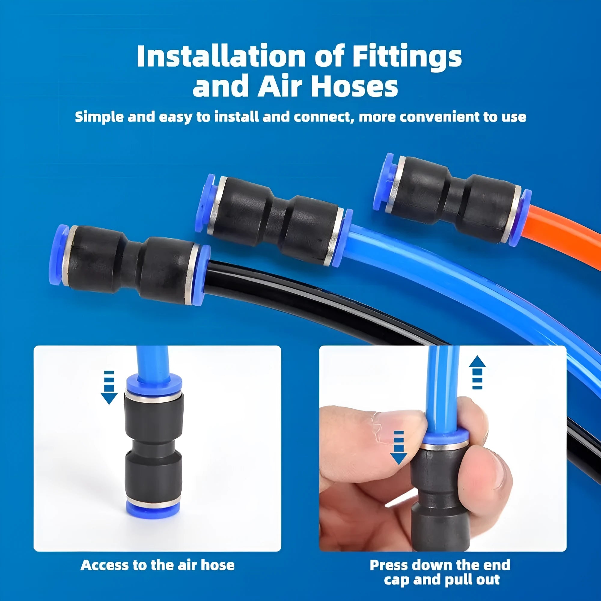 60-piece pneumatic push-in connector set showing R1/4 and R1/2 fittings in alloy plastic
