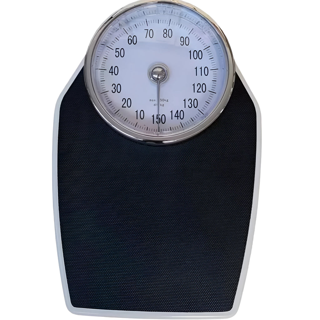 Black mechanical body weight scale with large dial on a simple platform