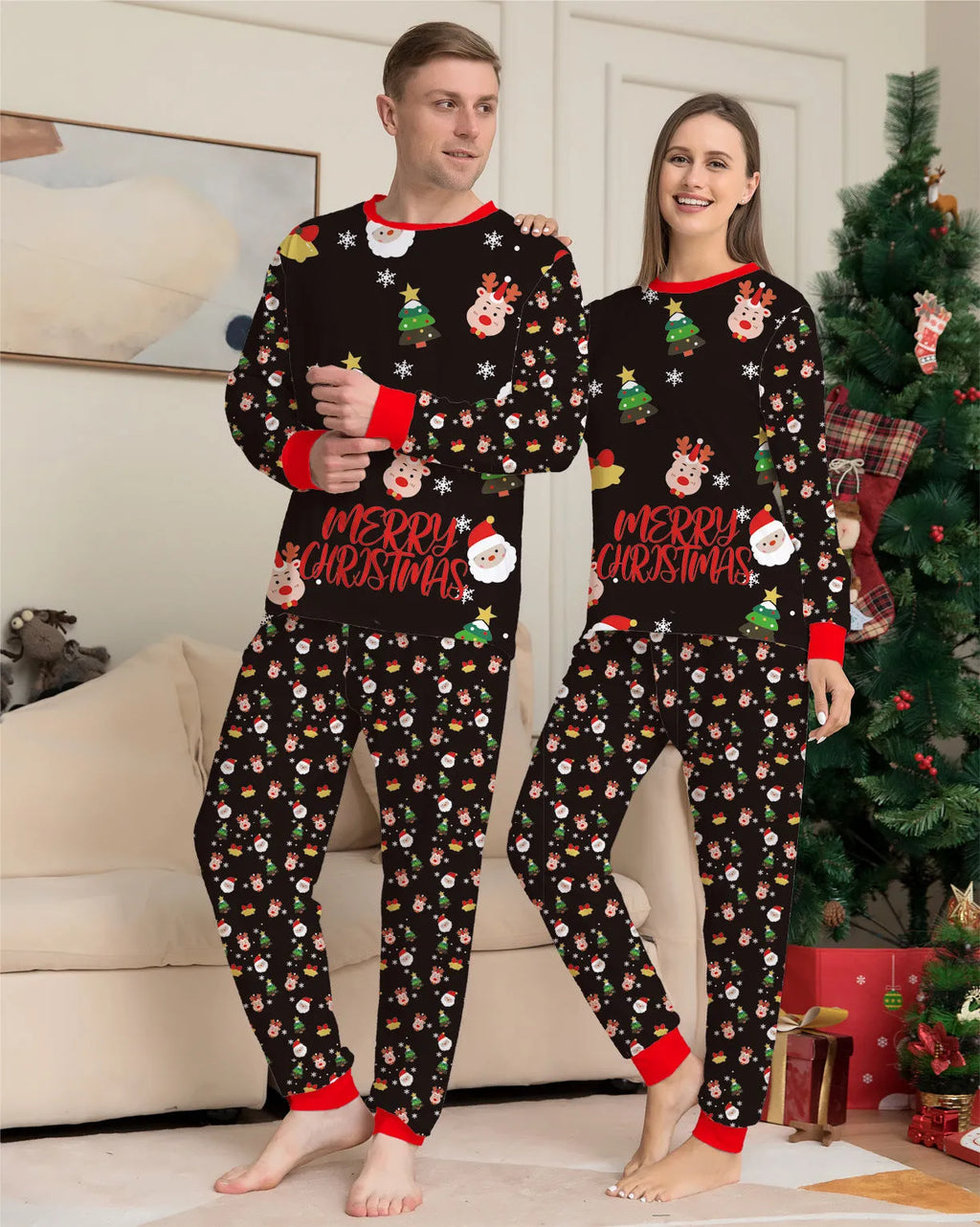 Family Christmas matching cotton pyjamas set with plaid and cartoon prints including dog sizes