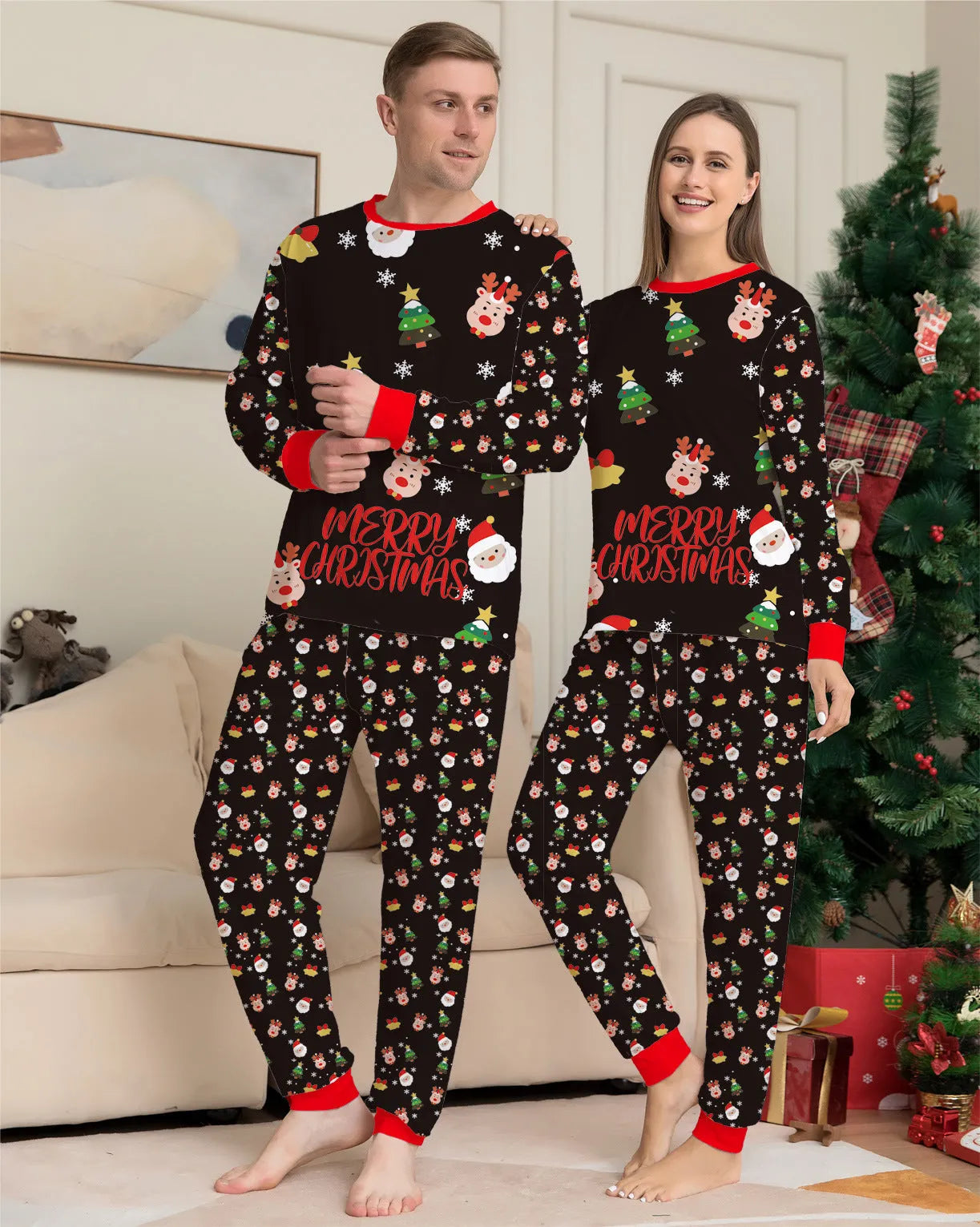 Family Christmas matching cotton pyjamas set with plaid and cartoon prints including dog sizes