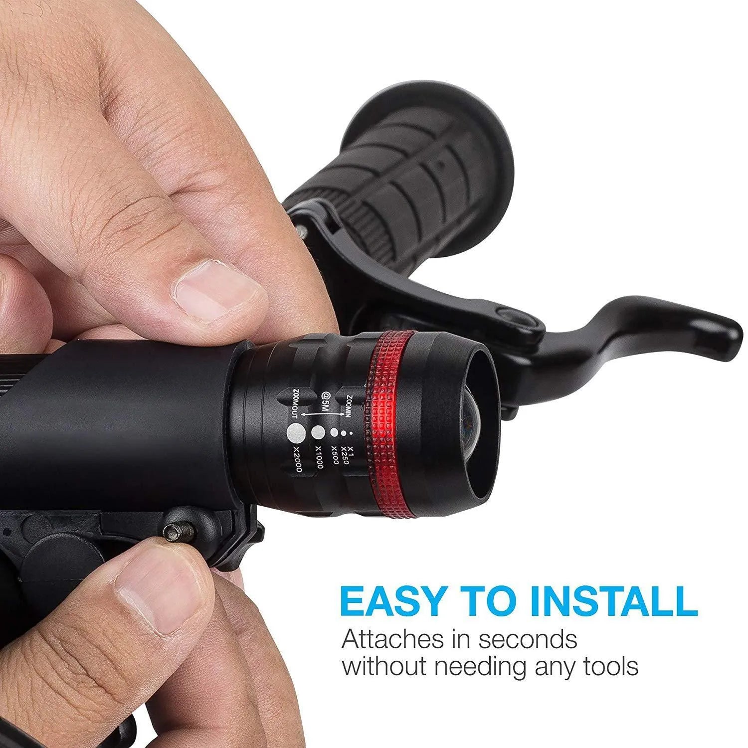 Bicycle front headlight and rear taillight set with universal mounting bracket on a bike.
