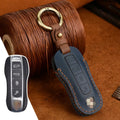 Genuine cowhide leather Porsche key cover with retro bag buckle in blue or brown.